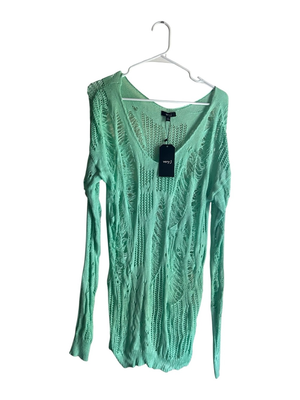 Very J  Size L Seafoam Distressed Open-Knit V-Neck Sweater